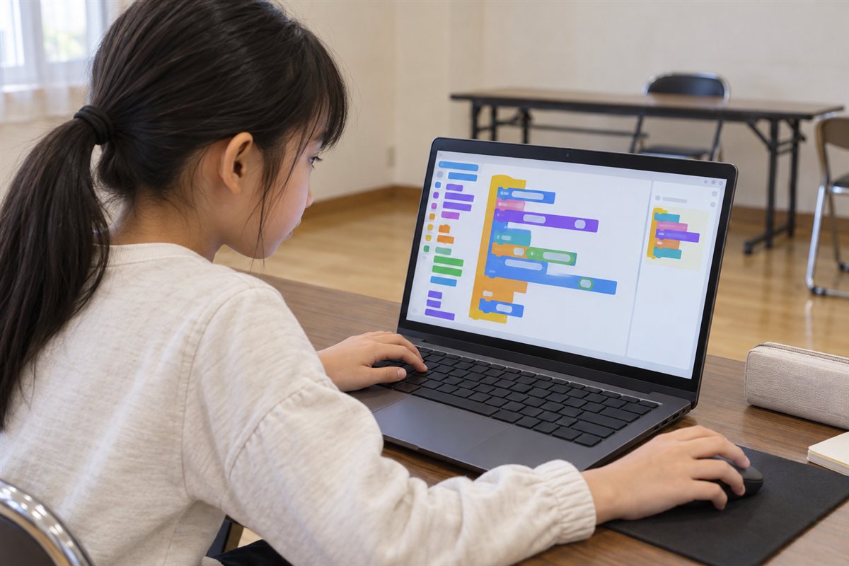 色付きのプログラムのブロックをつなげてパソコンで学ぶ子ども（イメージ）