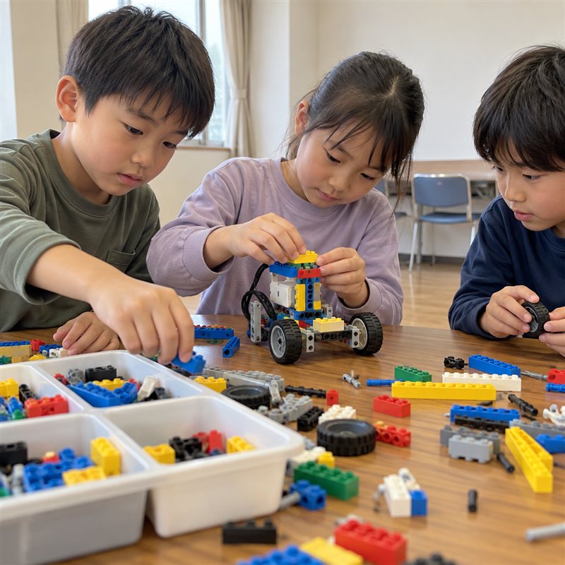 ブロックを選んで組み立てる子どもの手元（イメージ）