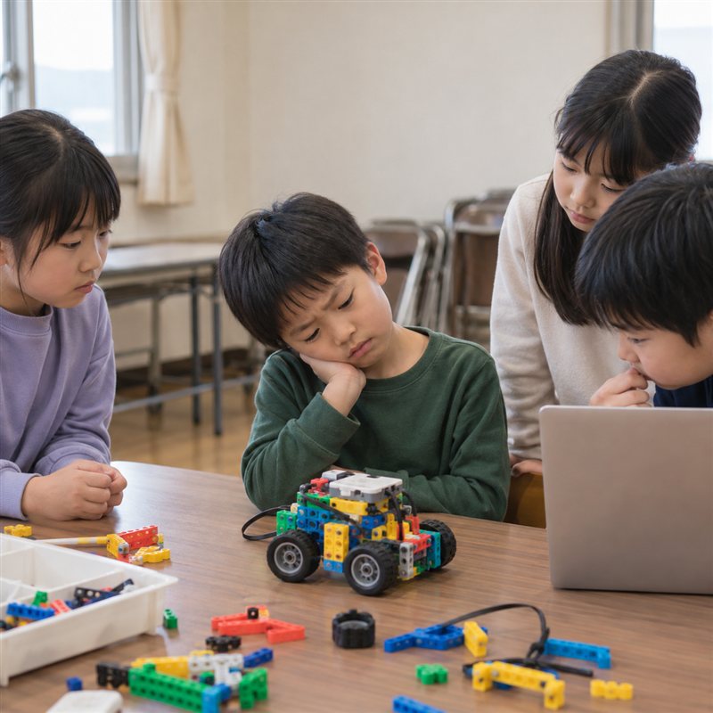 止まったロボットを見て考える子ども（イメージ）