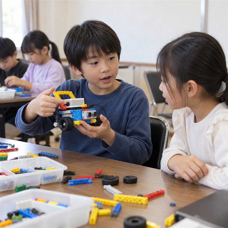 ロボットを持ってとなりの子に説明する子ども（イメージ）